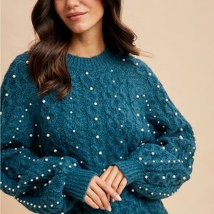 Women's Teal Cable Knit Sweater with Pearl Accents